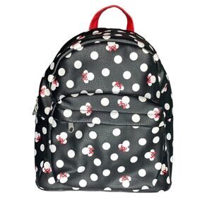 DISNEY Parks Minnie Backpack Black White Polka Dot Red Straps